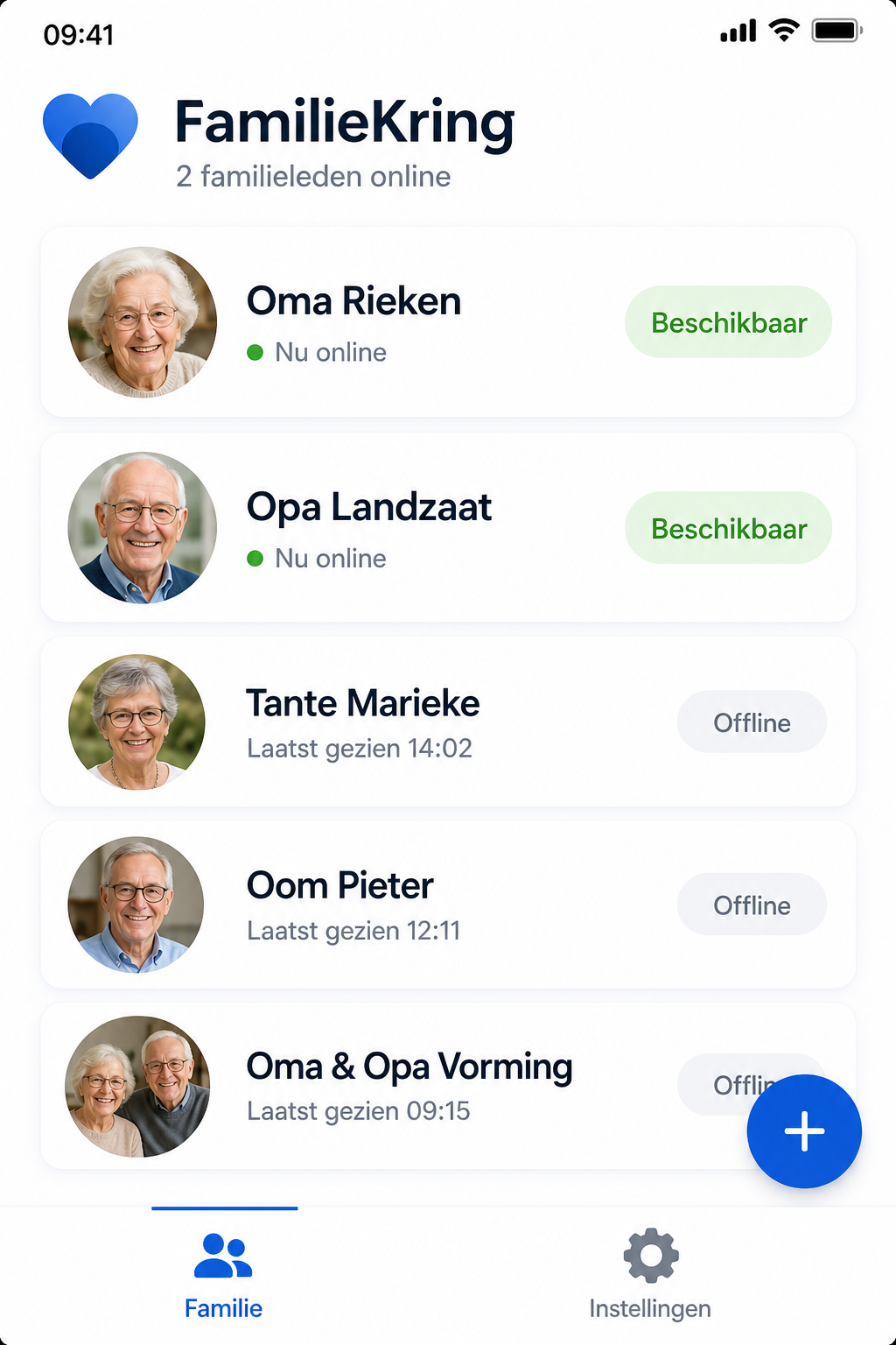 FamilieKring app op telefoon met lijst van familieleden en hun status