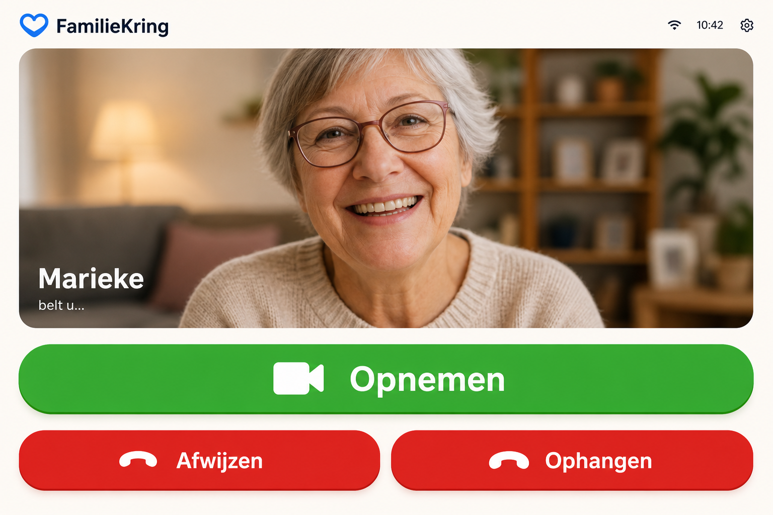 Tabletscherm van FamilieKring met inkomend gesprek en grote groene Opnemen-knop